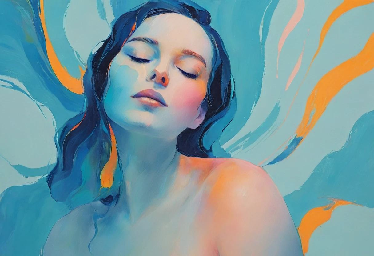 masterpiece, best quality, ultra high res, 1girl, portrait, (abstract art:1.4), (brush strokes), (colorful:1.1), bleeding blue, blue theme, nude girl, minimalistic illustration, smooth skin, graceful pose, elegant curves, delicate features, soft lighting, pastel colors, highres, psychological depth, emotional expression, subtle details, fine artistry, minimalist background, intimate atmosphere, ethereal beauty, artistic form, timeless masterpiece, fluid lines, creative composition