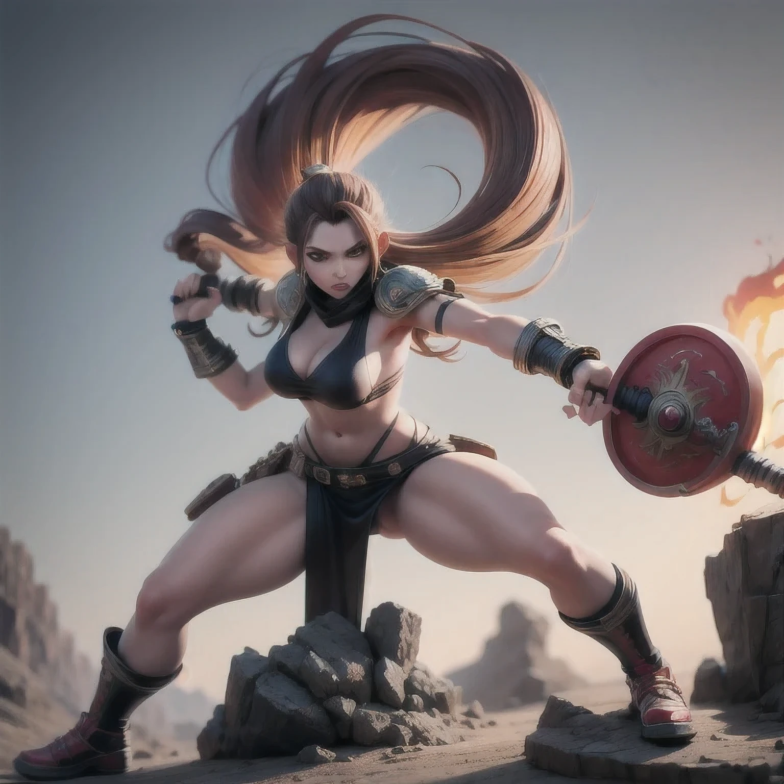 arafed doctoral student in a bikini holding a wire bat on a rock, muscular warrior women, unreal engine render + a goddess, fighter pose, badass pose, muscular sweat lara croft, fight pose, hot fire giantess, heroic muay thai stance pose, cinematic goddess body shot, akali from league of legends, dramatic powerful pose, fantasy style 8 k octane render(((perhaps))) sky,Degenerator