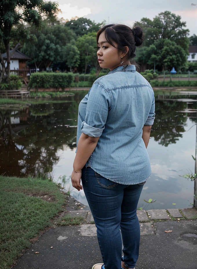 A chubby malay woman, stand facing backwards, looking down, messy hair bun, full body, wearing blue jeans, shabby shirt, at the village pond, gloomy evening, feeling lonely