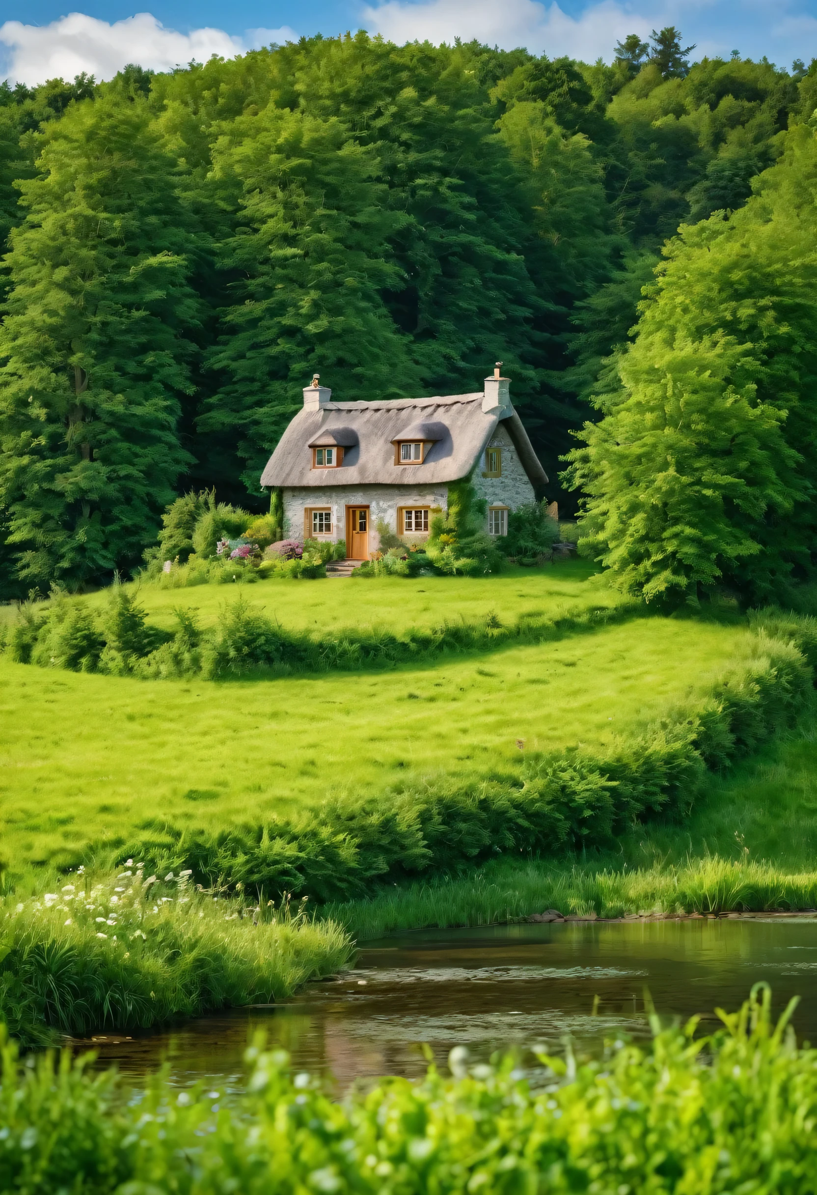 there is a small house in the middle of a field, beautiful place, cottagecore, stunning nature in background, idyllic cottage, lush countryside,  lush landscape, cottage, amidst of nature fully covered, cottage in the forest, setting in nature, really beautiful nature, lush scenic landscape, lush and green, house in forest