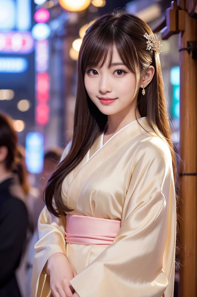 masterpiece、1 beautiful girl、Detailed eyes、Puffy eyes、highest quality, 超A high resolution, (reality: 1.4), Cinema Lighting、Japanese、Asian Beauty、so beautiful、Beautiful Skin、thin、Body facing forward、(超reality的な)、(High resolution)、(8k)、(Very detailed)、(beautiful Detailed eyess)、(Very detailed)、 (wall-)、Detailed face、Bright lighting、Professional Lighting、Looking at the audience、The body is facing forward、Look straight ahead、Gorgeous kimono、Dressed in formal attire、Long Hair,  Asymmetrical bangs, 、Brown Hair、Japanese Idols、Korean Idol、Fiery idol pose、、23 years old、expensive, smile, Nagasaki City、new year、shrine