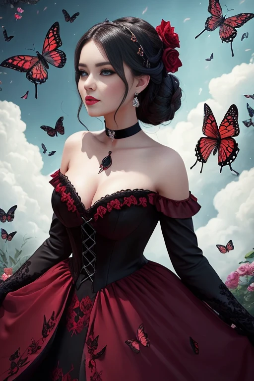 A dark and alluring woman with a mischievous glint in her eye, wearing a red velvet dress and a black choker, surrounded by a cloud of butterflies.