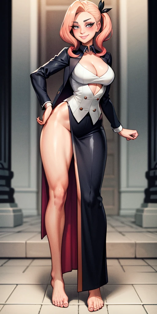 Body position: Standing, straight, symmetrical, barefoot, Lustful smile on face with red blush