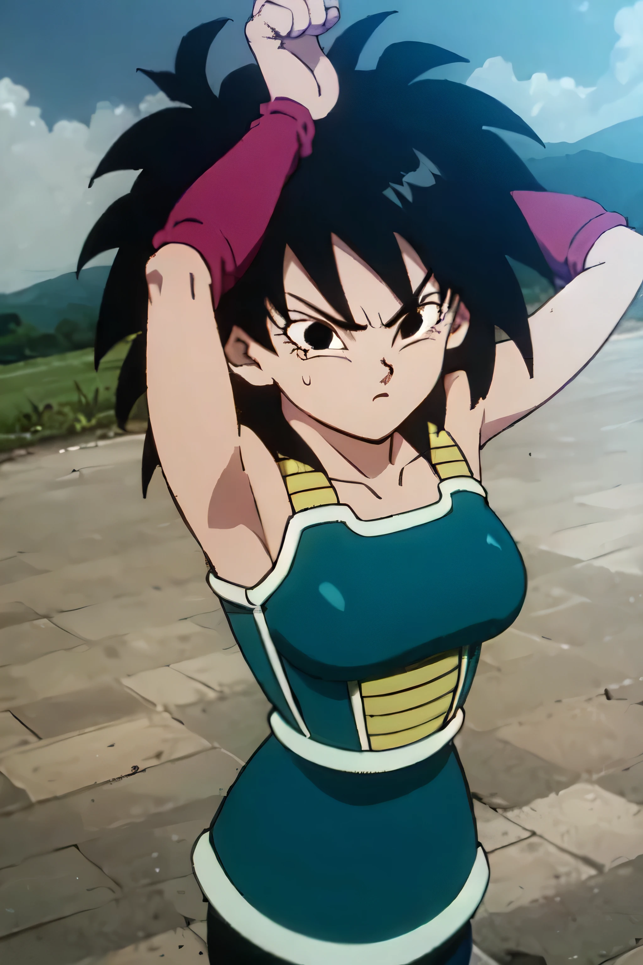 gine,short black hair, black eyes, bare shoulders,pink wristbands,breastplate, green saiyan armor,green skirt,pantyhose, looking serious, angry, fighting pose, village, blue sky, high quality, masterpiece mature appearance,armpits,sweat,sweaty,sweaty armpits,arms up,showing armpits,awesome armpits,outfit,blackish red arm warmers,maroon arm bands, maroon arm warmers,both arms raised