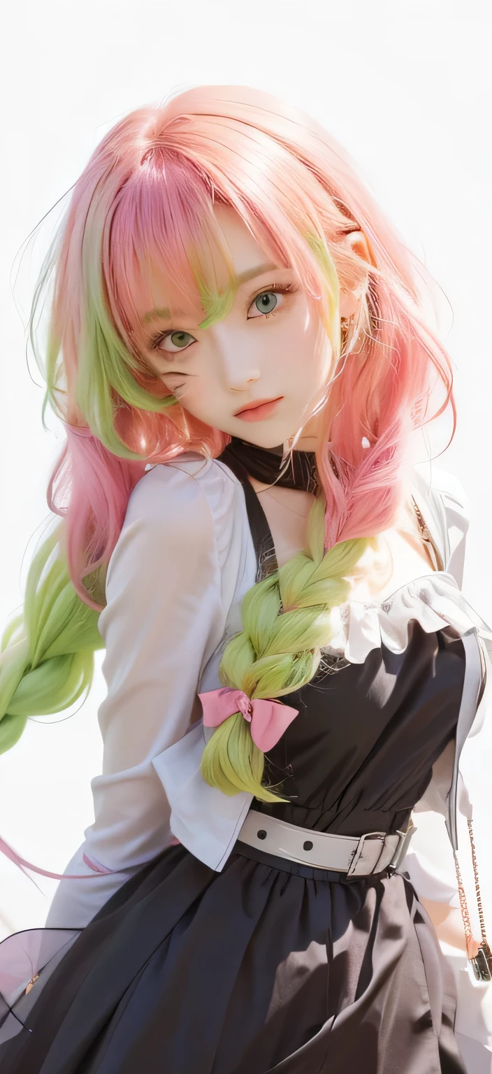 girl with pink and green hair, green eyes and a black dress,