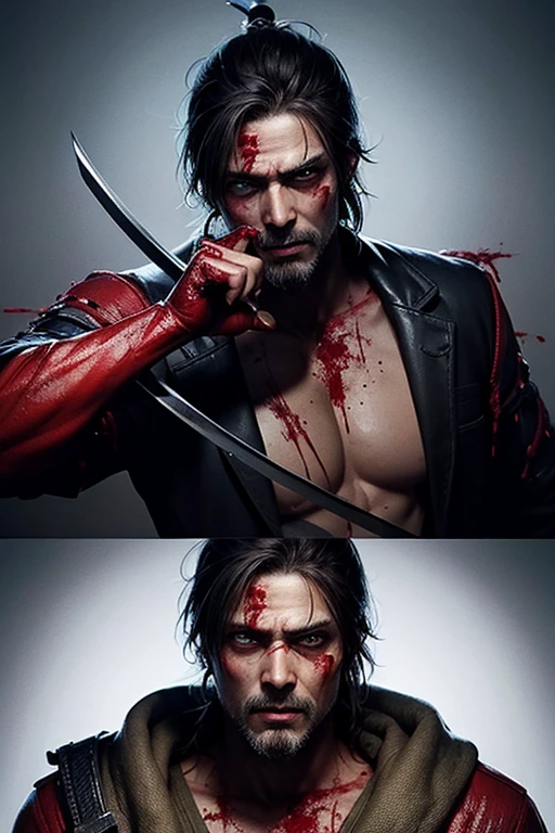 Create with a zombie cutting a samurai in half with a katana, blood, rated r, graphics, gore, gore.