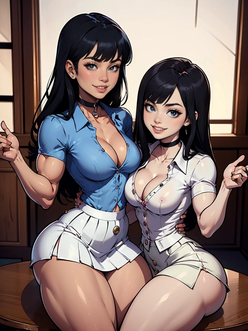 (Muscular:2), (thick thighs:2), 
(two asian females touching and smiling for the camera:2), (blunt bangs, long black hair), (adult), beauty mark, (pale skin),
(glasses), earrings, eyeshadow, lipstick, 
detailed eyes, (laughing:1.8),
(hard nipples), (small breasts:1.5),
choker, (choker, white button up, cleavage, flared skirt:1.8), 
(upper body view), (looking at viewer), three quarter view,
office, rim lighting, two tone lighting, dimly lit