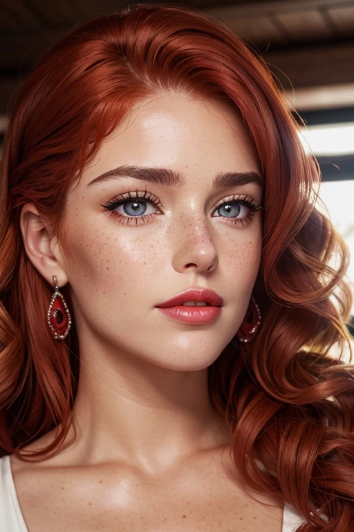 Rachel Hunter, extreme close up,full makeup,detailed eyes,perfectly groomed brows,long lashes,flawless complexion,rosy cheeks,Nose with a lot of freckles,Juicy Couture red lipstick,stunning red hair,soft curls,