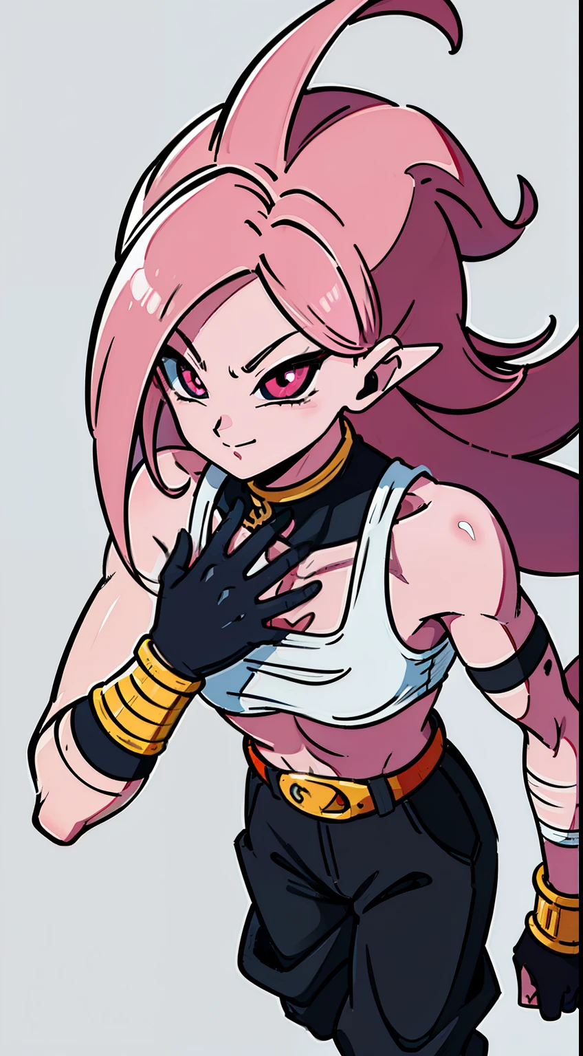 (high-quality, breathtaking),(expressive eyes, perfect face) Symmetrical Eyes, portrait, dragon ball z xenoverse 2, 1girl, female, alien, Majin Race, FMajin, Female Majin Buu, (pink skin:1.1), bubblegum pink skin color, red colored skin, smiling,(black sclera:1.2), red eyes, tentacle hair, black baggypants, belt, alien, M, shoulder holes, standing, no nose, grey background, long spiky length hair, wavy hair, hair between eyes, white shirt, bandages around chest, gloves