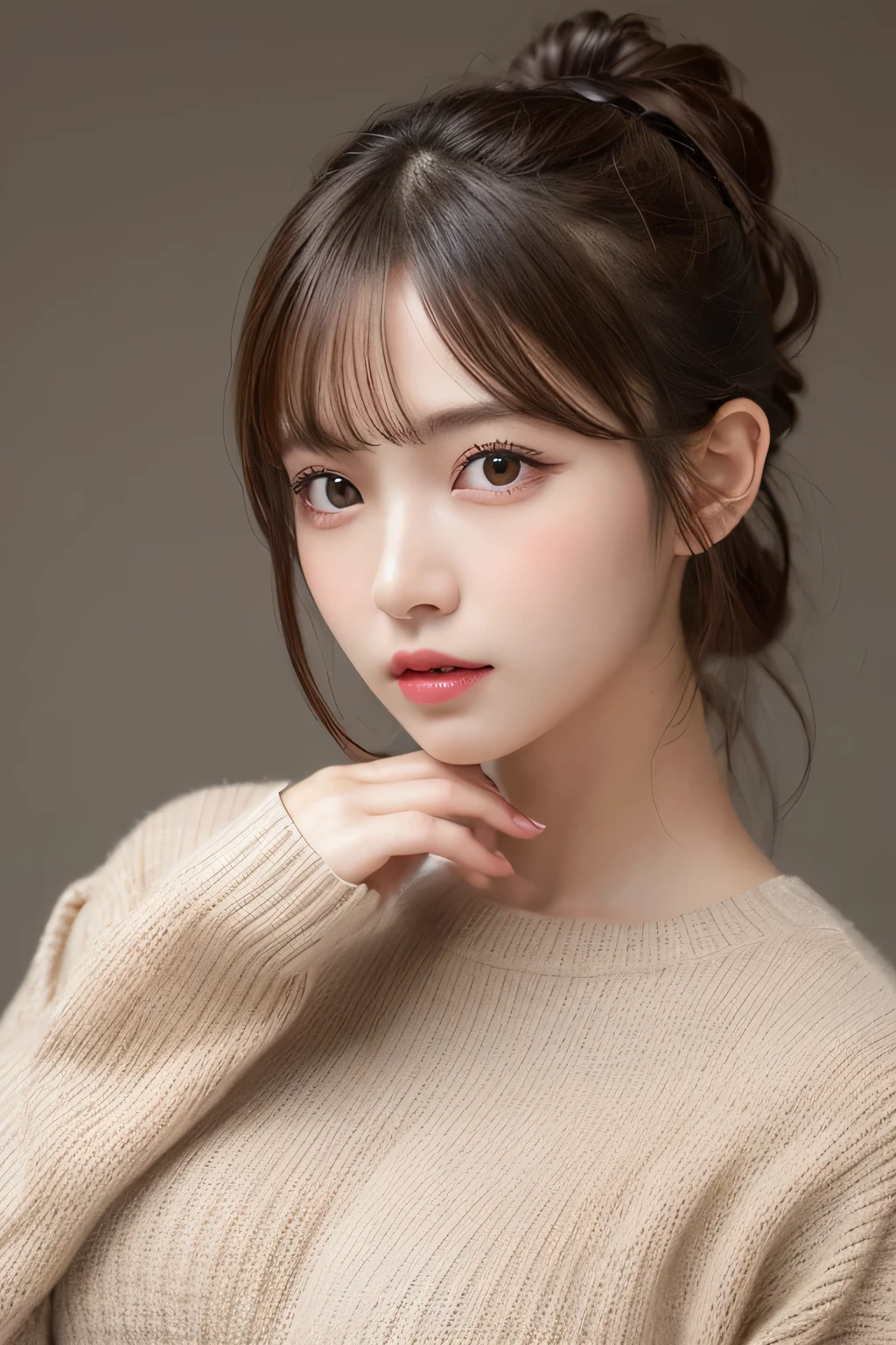 finely detail, hight resolution, hightquality、Perfect dynamic composition, Beautiful detailed eyes, Medium Hair, small tits、Natural Color Lip,Kamimei、Shibuya、18 years girl、1 persons、Transparent skin、Glowing hair、masutepiece, Best Quality, Illustration, Ultra-detailed, finely detail, hight resolution, 8K、The correct state of the human body、Randomly cute poses,Ponytail hair,beauty legs,Perfect beautiful face,KPOP Idol Face,Face that feels ecstasy,Pale pale beige knitted dress,Background blur,Do Guts Pose, Large Breasts, Slim Body,