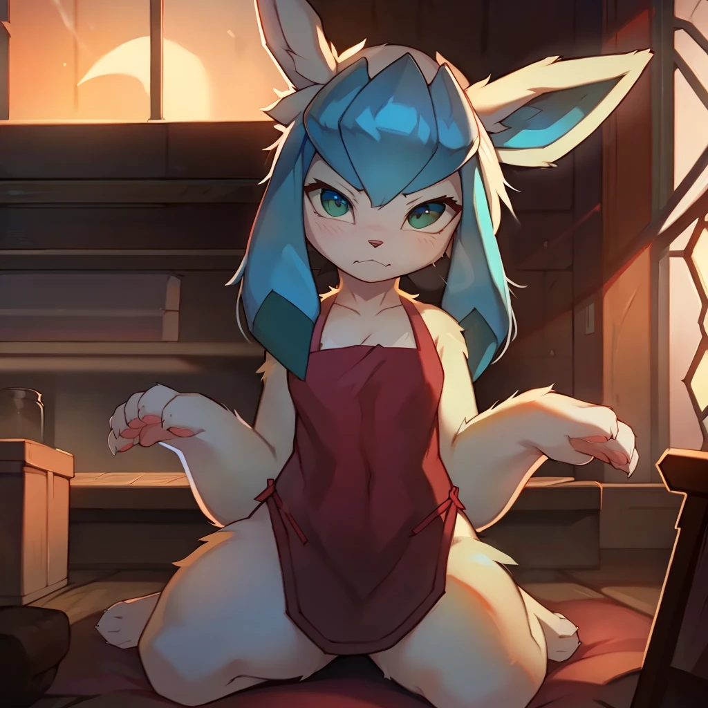 indoor, bedroom, on_bed,  ((((apron))))(chibi)
 ((Glaceon)), [[light blues_body, Sharp_tail，Light blue hair]],blue, (((quadruped, feral, canid, canine))), hind_limbs, (pink_pawpads:1.2), (animal_legs, animal_hand:1.2)
solo, looking_at_viewer
spread_legs, on_back
best_quality, hi_res, masterpiece, absurd_res
Highly_detailed, 4k, high_detail, detailed_background
uploaded_on_e621, (by_Hioshiru:1.2), (by_Ancesra:0.6), (by_Kekitopu:0.6), (by_kikunyi:0.6), (by_Syuro:1.2), (by_Doxy:0.6), (by_youjomodoki:0.6), by_dacad, (by_reysi:1.2), by_zinfyu, by_pata, by_chunie, by_dr.bubblebum