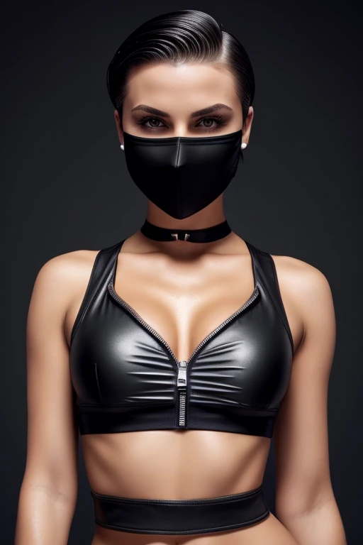 Gorgeous european woman with short hair, short hair with a few strands of hair hanging over her face, wet hair, hair slicked back, combed straight back, slick hair, black gradient hair, wearing an unzipped crop top and mini skirt, cleavage, solid dark grey background