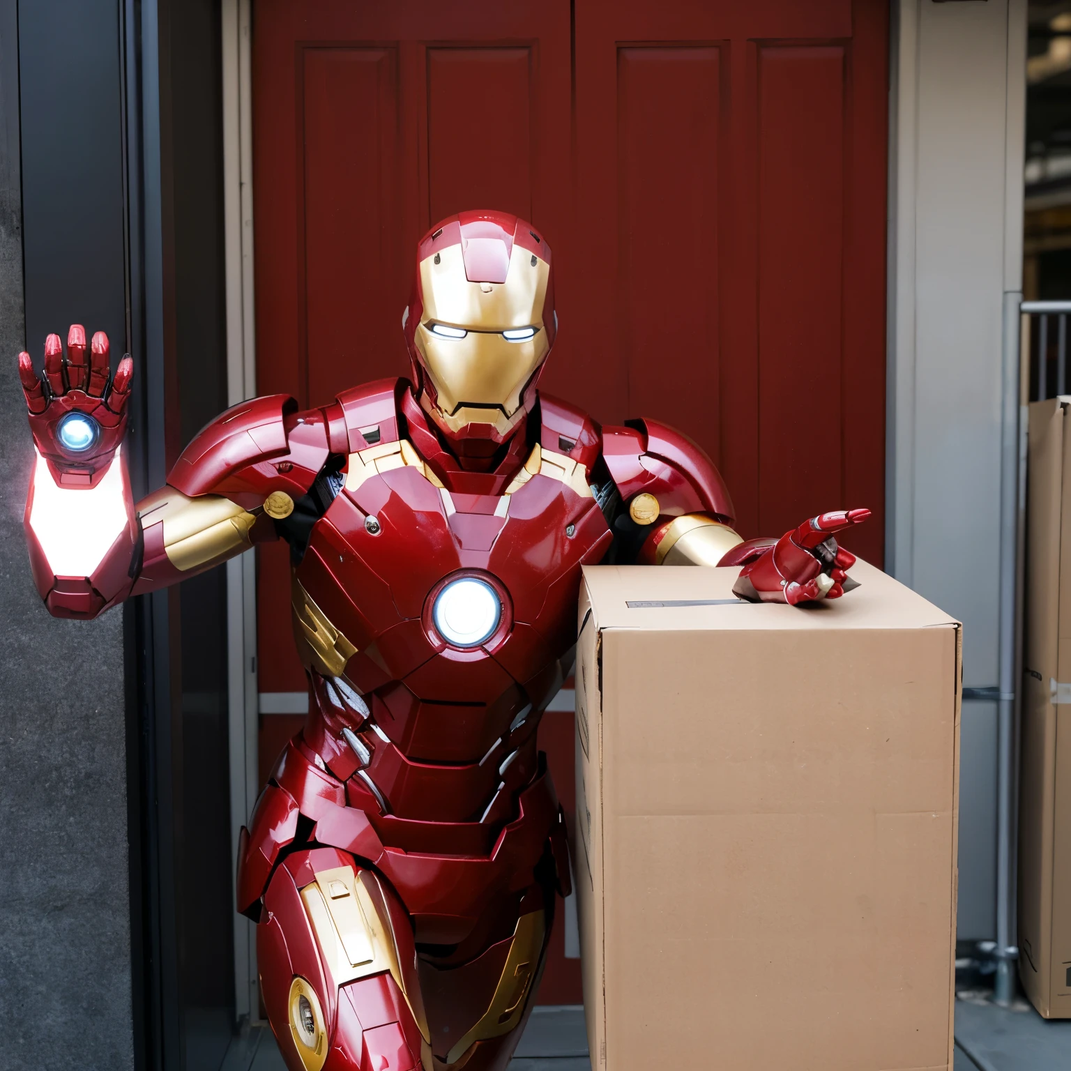 (masterpiece:1.3), (8K, Photo realism, RAW photos, Best image quality: 1.4)，Realistic，Iron Man delivering a package holding a large cardboard box，At the entrance of CBD