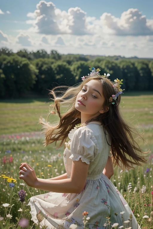 A whimsical and dreamy scene of a girl in a field of wildflowers, her hair adorned with ribbons and her dress billowing in the wind.