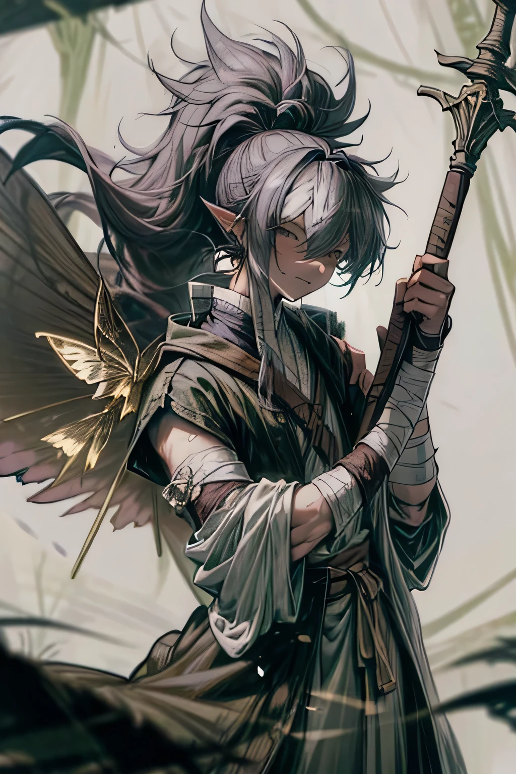 (D&D), ((4K)), (((fairy boy 1.3))), ((prosthetic arm made of wood 1.2)), (bandages on wrists 1.2), (moth wings on his back), (dressed in a druid's robe and a cloak with green fur), ((holds a spear in his right hand)), (in the left - a lantern), (gray hair), (27 years old), (hair tied in a ponytail), (man), (bandage bandage over the eye)