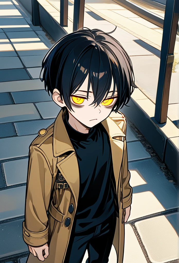 mature man, young adult, (side burn hairstyle, short hair, black hair), (golden eyes, insomnia eyes, bags under eyes, sleepy eyes, sleep deprived), tall, fit body smug face, cocky expression, (golden eyes, side eyeing viewer), (long trench coat, black shirt, black pants), hands in trench coat, above view, sidewalk, morning, cowboy shot