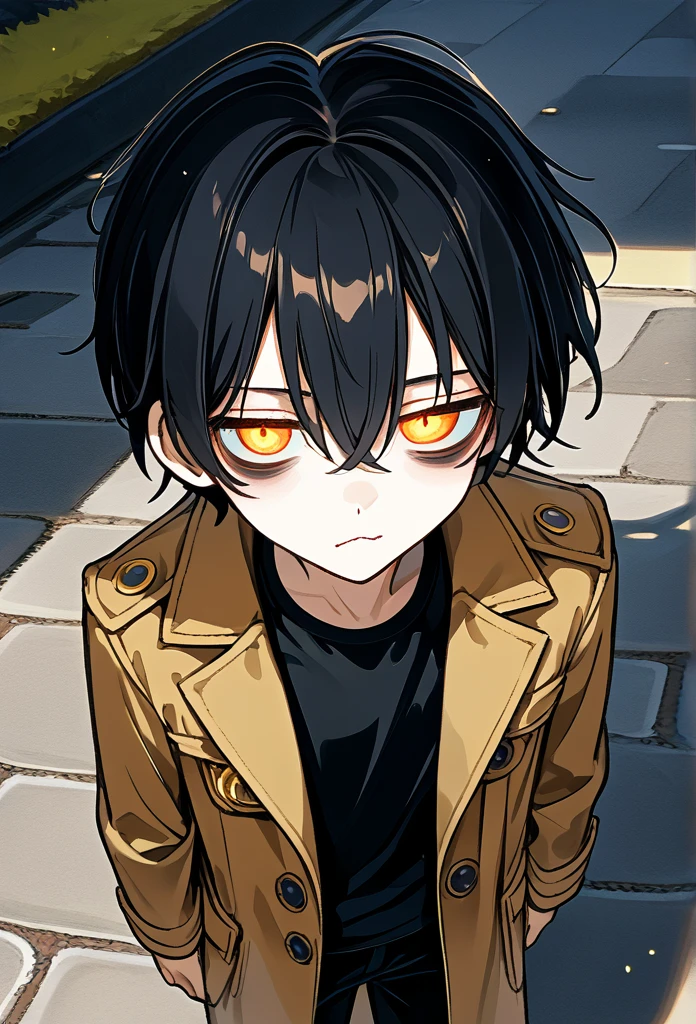 mature man, young adult, (side burn hairstyle, short hair, black hair), (golden eyes, insomnia eyes, bags under eyes, sleepy eyes, sleep deprived), tall, fit body smug face, cocky expression, (golden eyes, side eyeing viewer), (long trench coat, black shirt, black pants), hands in trench coat, above view, sidewalk, morning, cowboy shot