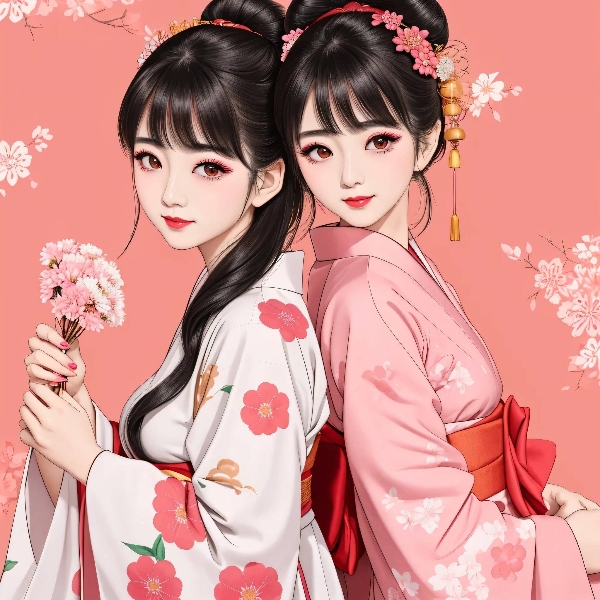Each has a different expression2People and sisters、(2 girls)、⦅Dancing traditional arts with grace)、((Big Breasts、Small Face、Not exposed))、highest quality、masterpiece、(Black Hair、Bun Hair)、Brown Eyes、⦅Wide angle、Angle from above the waist、Pause on the magazine cover、Their gazes are different, gazing into the distance⦆、(8K High Quality、masterpiece、High resolution、Realistic and beautiful light and shadow、(highest quality)、(High Resolution)、(Very delicate and beautiful)、(Beautiful 8k face)、(With a smile、Beautiful eyes)、(Clear skin)、(Soft hair)、(8Head to Body)、(A Japanese style yukata kimono with red, pink and orange floral patterns on a white background, interspersed with gold powder、Wearing a yukata2Beautiful Japanese girls)、((Tanabata decoration background))、((Small Face))、(arms up)、Thin and small nose、(Red lipstick)、(Make your cheeks red)、(Glossy skin)、((Ink painting style))、Very thin eyebrows、Overall ultra-high image quality、(She is wearing maiko-style makeup.)、Whitening、Long and beautiful eyelashes、Glowing Skin、(Red cheeks),Straight nose、masterpiece、highest quality、whole body、 Eyebrows visible through hair、Bun Hair、Grin、Gal、Gal、Viewer's Eyes、Plaid、Stylish、woman、fine、Pause、
Waiting to start
