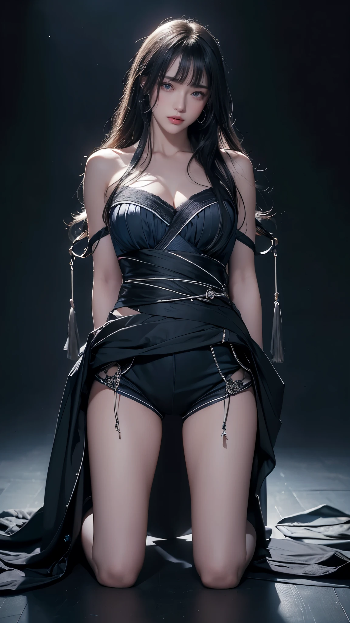 masterpiece, highest quality, Super detailed, Facing the camera, 複雑に詳細なSuper detailed, Realistic, Sharp features, Very detailed, Sharp focus, Perfect Face, Perfect Face, Perfect symmetrical perfect eyes, Perfect Plump Lips, Flexible female form, Cinematic, Film Light, Super detailed, hyper Realistic, masterpiece, Atmospheric, High resolution, Vibrant, Dynamic Studio Lighting, ((Dark Background)), The expression when enduring pleasure, Straight bangs, blue eyes,Sexually aroused expression、Her black thong shorts are visible through the fabric、(((Lean forward with your legs apart))),((Buckshot))