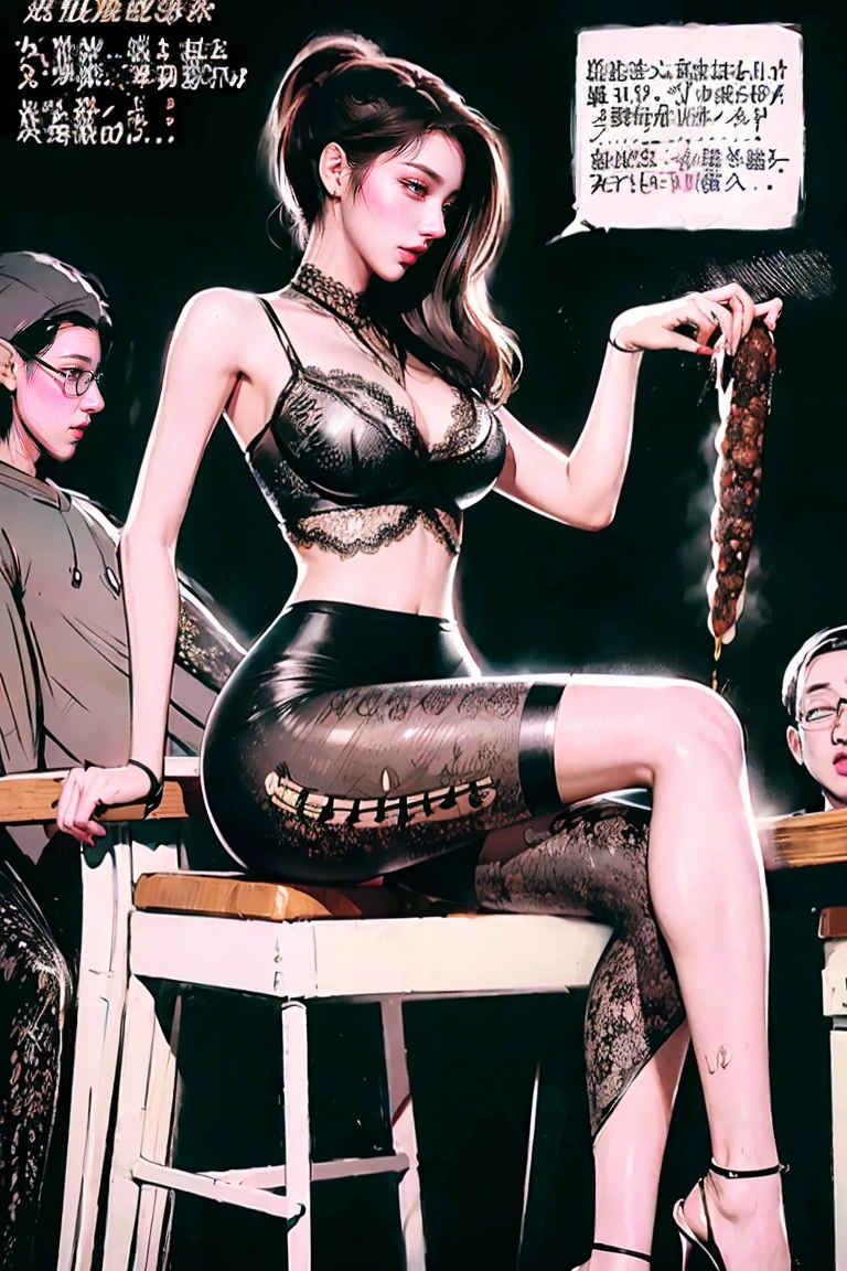 The beautiful girl in lace top and leggings is sitting astride a pile of skeletons in the center of the picture. She is holding a trembling sausage with juice squeezed out in her hand and smiling. There are multiple comic storyboards in the background，cbt, sausage bondage,sausage insertion,Sexy, trampling sausage with high heels heel,(masterpiece, best quality:1.2)，1 beautiful girl,sexy，comic storyboard:2, leggings, sit astride, axially symmetrical:2, ,femdom，sounding，cbt，hold，smile，colorful，leggings，thin gap，cameltoe，insertion，trembling，juice，spray， Long hair,Lace top,Sexy, Shiny leggings, High heel，cleveage, trampling, in forest, saliva , Mucus，