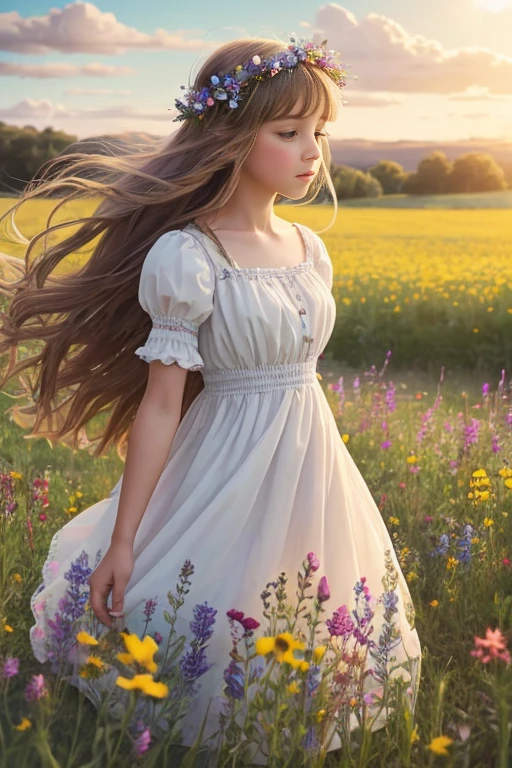 A whimsical and dreamy scene of a girl in a field of wildflowers, her hair adorned with ribbons and her dress billowing in the wind.