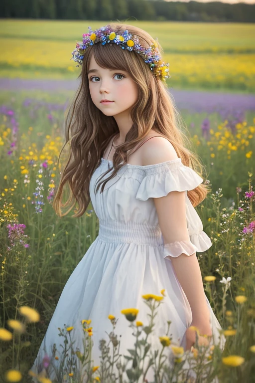 A whimsical and dreamy scene of a girl in a field of wildflowers, her hair adorned with ribbons and her dress billowing in the wind.
