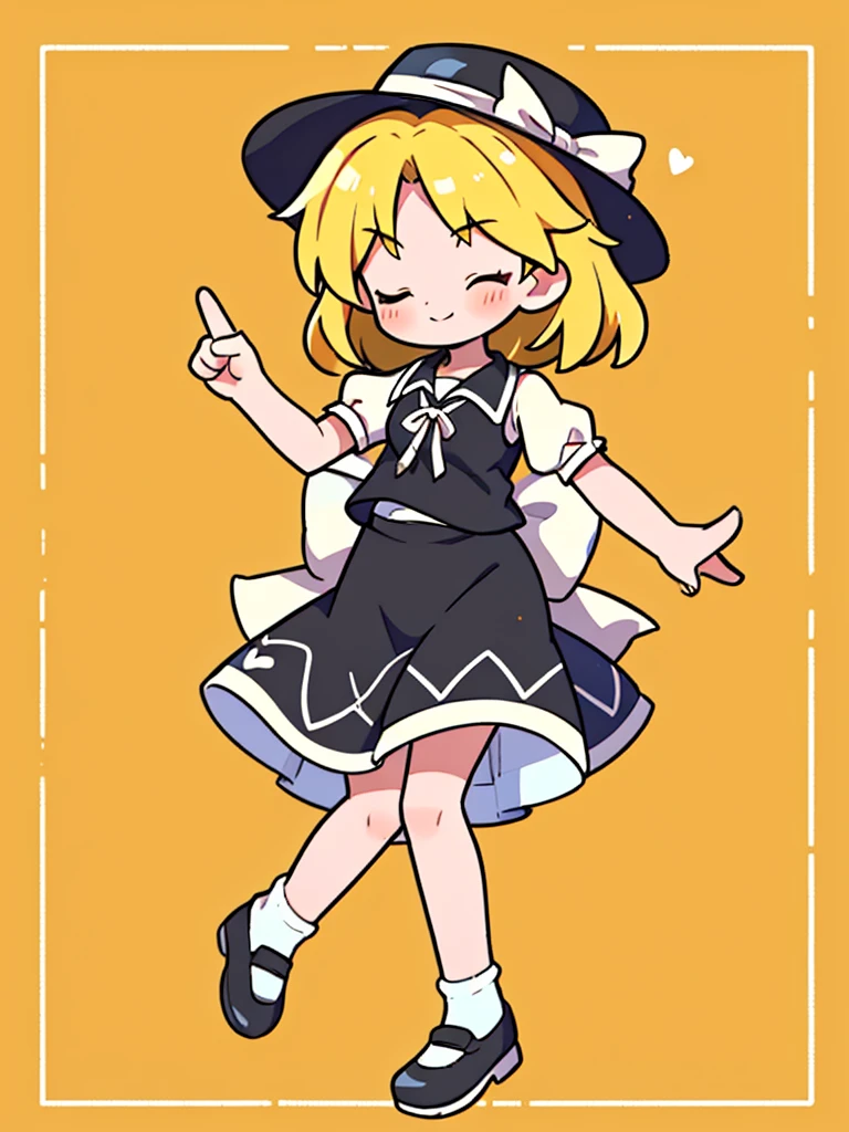 1girl, , , masterpiece, best quality, 10 years old, medium blonde hair, forehead visible bags, yellow eyes, hat, heart, black headwear, puffy short sleeves, log black skirt, heart hads,,1girl, solo, yellow eyes, yellow hair, bow, hat bow, socks, black footwear, black skirt, short sleeves, yuki (touhou), black vest, white sleeves, frill skirt, light smile, from behind, to lift up one’s skirt, cowboy shot, from front, standing , raise one leg, crossed arms, arms up behind, arms behind back, hand between legs, put hands hip, one hand on hip, forward hands, arms raised in the air, punch hands, peace sign, waving, put up index finger, sit, lie down, closed eyes, lie face down, looking back, put one hand chest, leaning forward, cleavage, close up, horizontally outstretched arms, horizontally outstretched legs, front view, front face