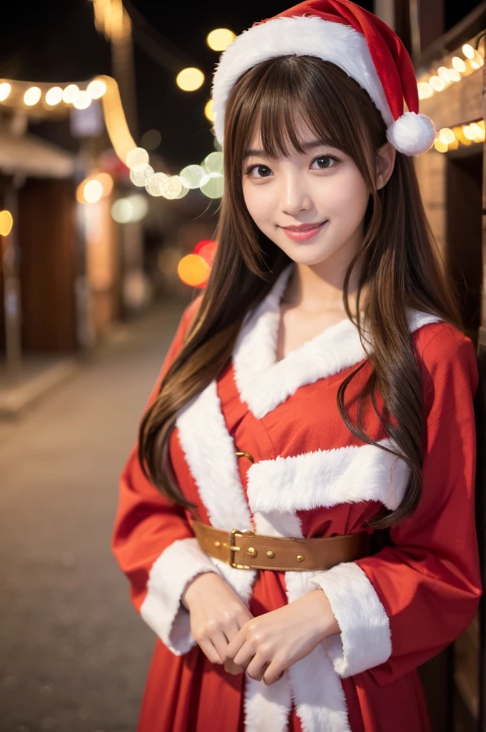 masterpiece、1 beautiful girl、Fine grain、Puffy eyes、highest quality, 超A high resolution, (reality: 1.4), Cinema Lighting、Japanese、Asian Beauty、so beautiful、Beautiful Skin、thin、Body facing forward、(超reality的な)、(High resolution)、(8k)、(Very detailed)、(beautiful Fine grains)、(Very detailed)、 (wall-)、Detailed face、Bright lighting、Professional Lighting、Looking at the audience、Look straight ahead、Santa Claus Costume、Long Hair, Asymmetrical bangs, 、Night view、Brown Hair、Japanese Idols、Korean Idol、Fiery idol pose、、23 years old、expensive, smile, Nagasaki City、A bustling Christmas night town、Snowy town