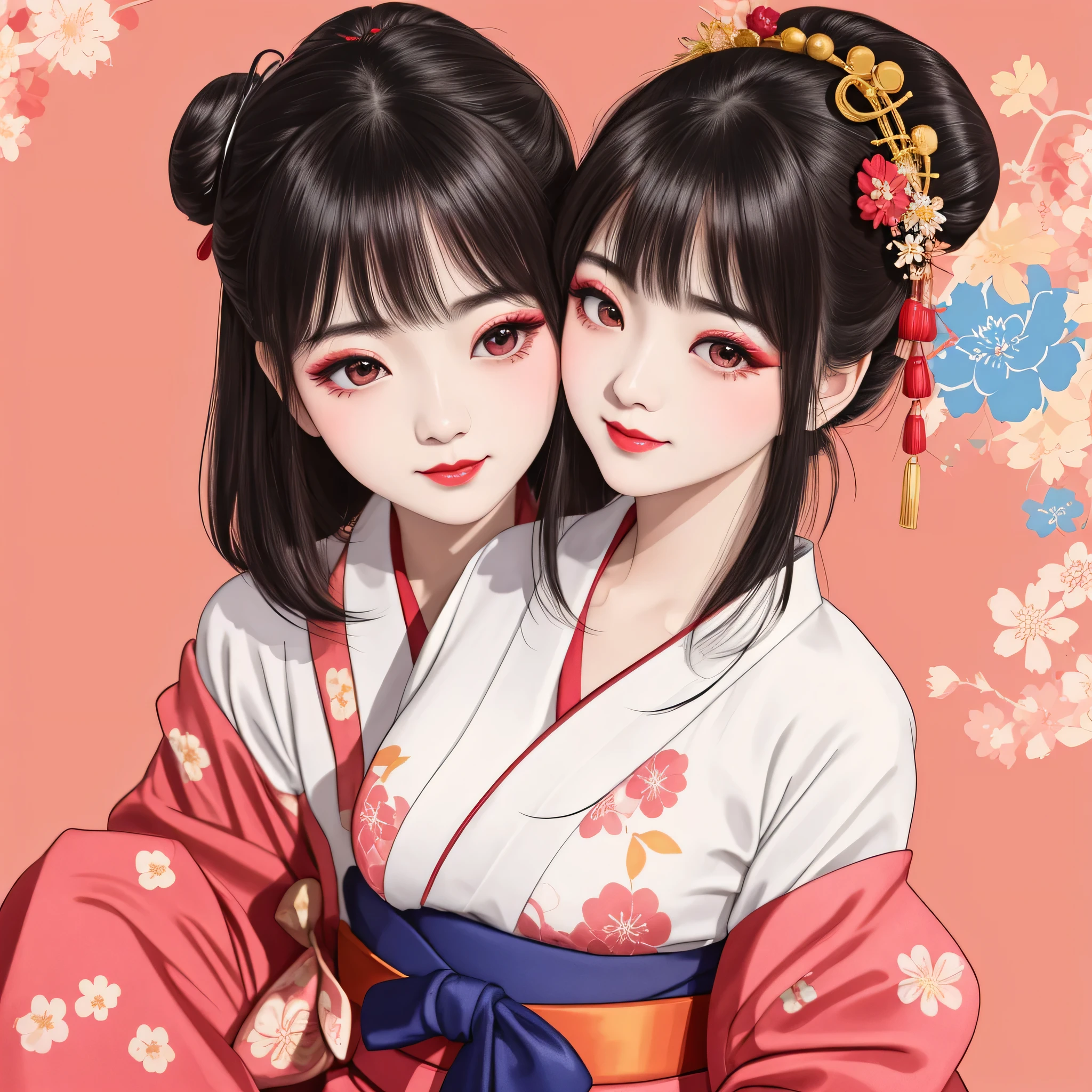 Each has a different expression２People and sisters、(２ girls）、｟Dancing traditional arts with grace)、((Big Breasts、Small Face、Not exposed))、highest quality、masterpiece、（Black Hair、Bun Hair）、Brown Eyes、｟Wide angle、Angle from above the waist、Pause on the magazine cover、Their gazes are different, gazing into the distance｠、(８K High Quality、masterpiece、High resolution、Realistic and beautiful light and shadow、(highest quality)、(High Resolution)、(Very delicate and beautiful)、(Beautiful 8k face)、(With a smile、Beautiful eyes)、(Clear skin)、(Soft hair)、(８Head to Body)、(A Japanese-style yukata kimono with red, pink, orange and blue floral patterns on a white background, interspersed with gold powder、Wearing a yukata２Beautiful Japanese girls)、((Tanabata decoration background))、((Small Face))、(arms up)、Thin and small nose、（Red lipstick）、（Make your cheeks red）、（Glossy skin）、((Ink painting style))、Very thin eyebrows、Overall ultra-high image quality、（She is wearing maiko-style makeup.）、Whitening、Long and beautiful eyelashes、Glowing Skin、（Red cheeks）,Straight nose、masterpiece、highest quality、whole body、 Eyebrows visible through hair、Bun Hair、Grin、Gal、Gal、Viewer&#39;s Eyes、Plaid、Stylish、woman、fine、Pause、
Waiting to start 
