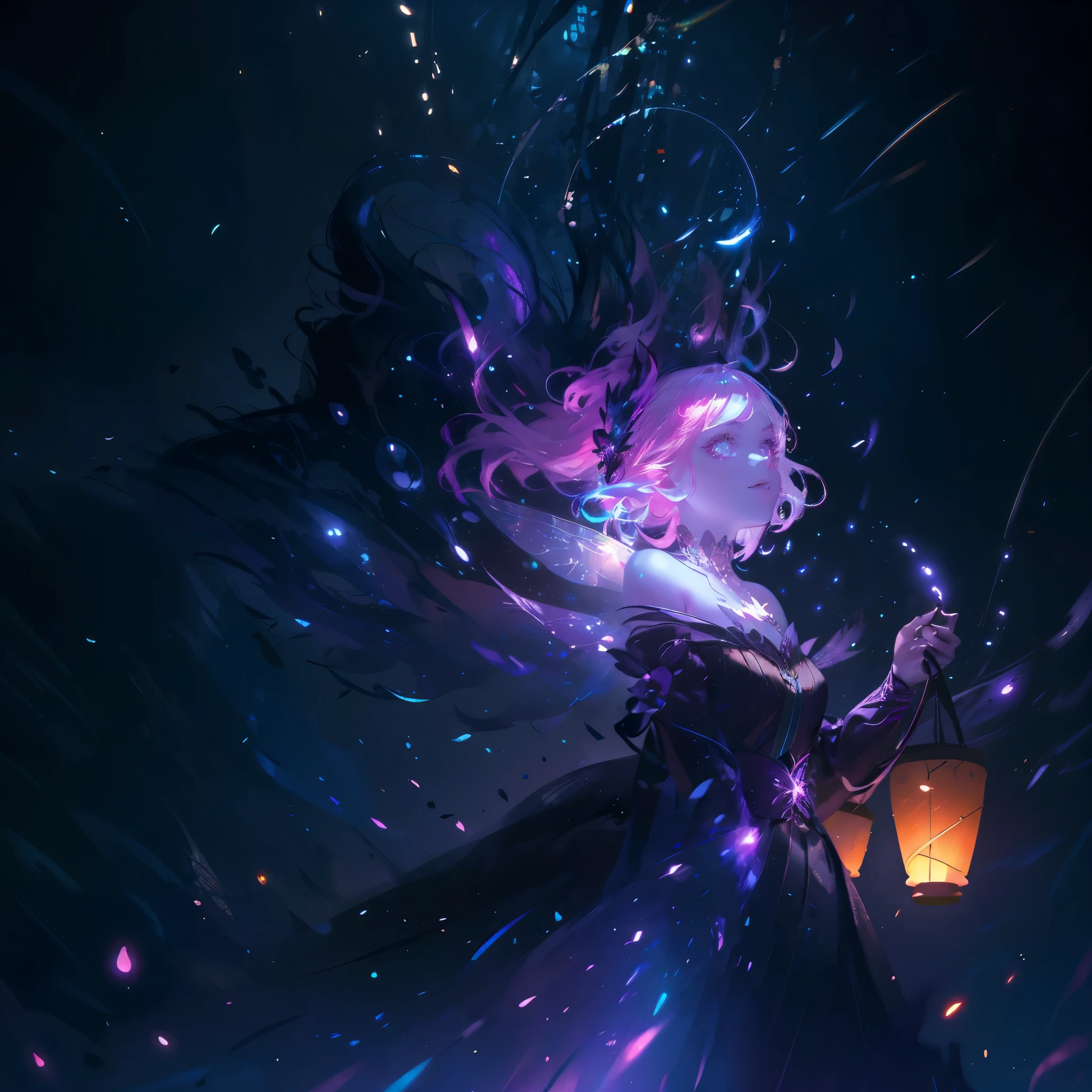 a colorful fairy girl with detailed fairy wings,beautiful detailed eyes,beautiful detailed lips,extremely detailed face,long eyelashes,fantasy forest,glowing fireflies,floating glowing lanterns,dark moody atmosphere,cinematic lighting,dramatic shadows,vibrant colors,highly detailed,digital art,concept art,masterpiece,photorealistic