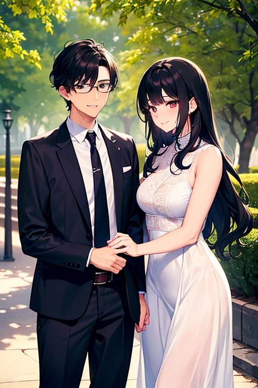 (masterpiece:1.2), high quality, high resolution, a 25-year-old man with his first girlfriend, black curly hair, wearing glasses, suit without a jacket, woman in a white dress, talking happily in a park, romantic atmosphere, soft lighting, gentle smiles, detailed, intricate, beautiful lighting, natural background, romantic style