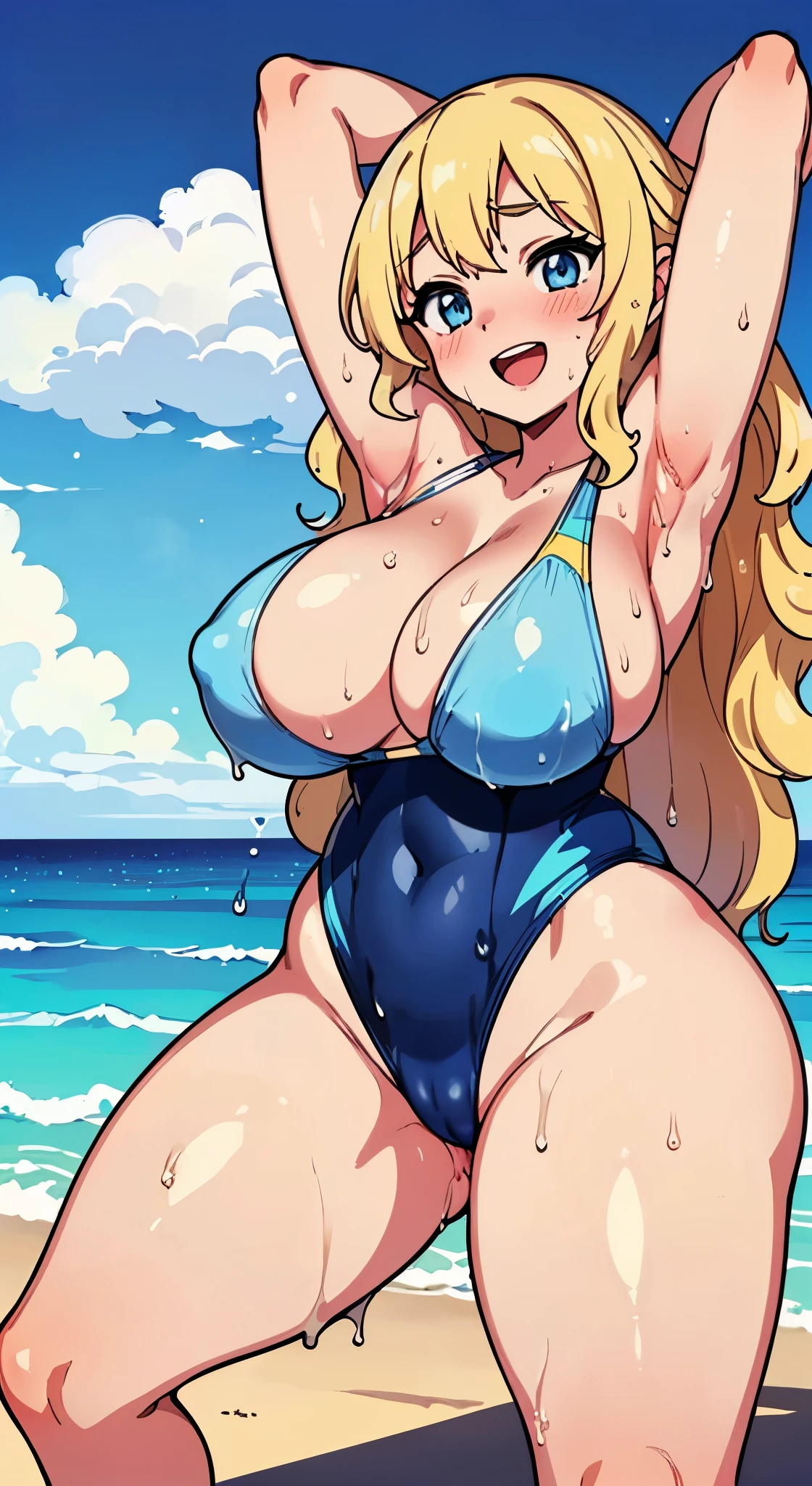 (Perfect body),((Tabletop, highest quality, High resolution, Hmph, Pixel Perfect、nsfw))、Anime Screen Capture、(((((Brown Skin、Wavy Hair))))、(((Blonde、blue eyes)))、((((Wet、Steam from both armpits))))、((Chubby))、((blush))、1 girl,(((Embarrassing、:d)))、((Spreading her legs)),(((Huge breasts)))、((((Thick thighs、Big Ass、Wide Hips))))、(((long hair、Gal、Navy Blue Competitive Swimsuit)))、(((Beach)))、