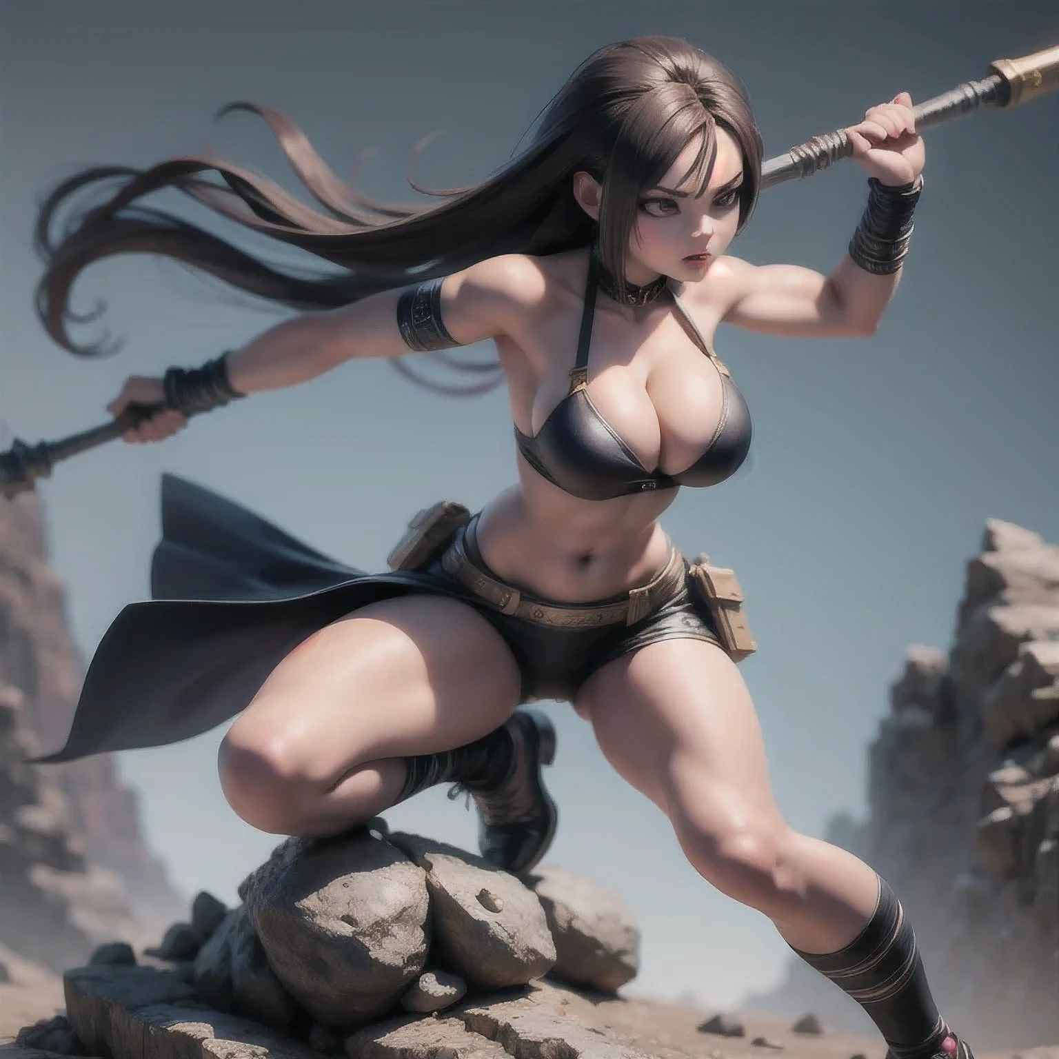 arafed doctoral student in a bikini holding a wire bat on a rock, muscular warrior women, unreal engine render + a goddess, fighter pose, badass pose, muscular sweat lara croft, fight pose, hot fire giantess, heroic muay thai stance pose, cinematic goddess body shot, akali from league of legends, dramatic powerful pose, fantasy style 8 k octane render（（（perhaps））） sky，Degenerator 