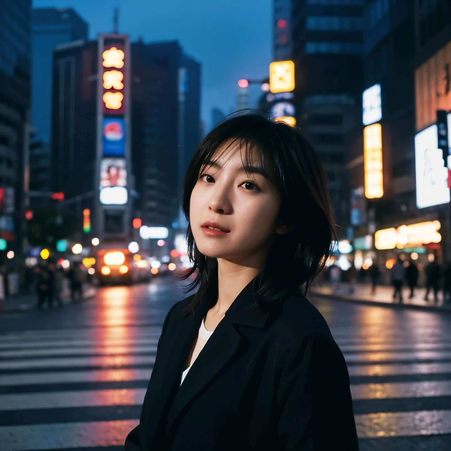 A 20-something Japanese woman, lost in thought, stands still at the iconic Shibuya crossing. Medium: Hyper-realistic photography. Style: Reminiscent of the cinematic scenes from “Lost in Translation”, capturing the solitude in a crowd. Lighting: Ambient city lights with a hint of sunset in the background. Colours: Urban greys and blacks with splashes of vibrant Tokyo neon. Composition: Nikon Z7 II, using a NIKKOR Z 85mm f/1.8 S lens, Resolution 45.7 megapixels, ISO sensitivity: 320, Shutter speed 1/100 second, focusing on the woman with a shallow depth of field to make her stand out against the bustling backdrop. - with 16:9 - at 5.1 –style raw –q 2 –s 750