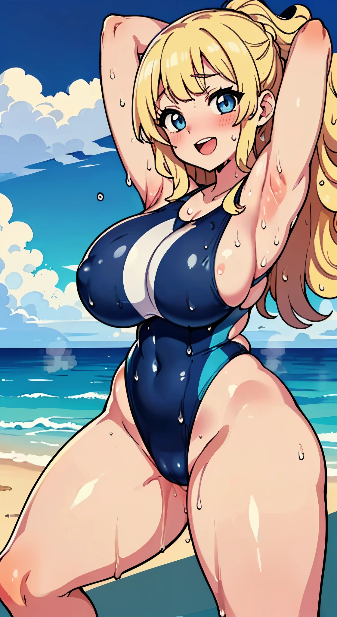 (Perfect body),((Tabletop, highest quality, High resolution, Hmph, Pixel Perfect、nsfw))、Anime Screen Capture、(((((Brown Skin、Wavy Hair))))、(((Blonde、blue eyes)))、((((Wet、Steam from both armpits))))、((Chubby))、((blush))、1 girl,(((Embarrassing、:d)))、((Spreading her legs)),(((Huge breasts)))、((((Thick thighs、Big Ass、Wide Hips))))、(((long hair、Gal、Navy Blue Competitive Swimsuit)))、(((Beach)))、