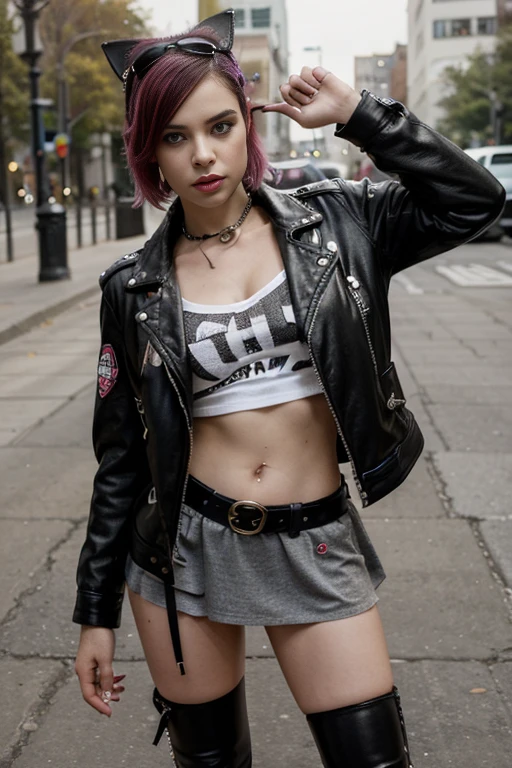 Masterpiece, best quality, a beautiful photograph with erotic aesthetics of a beautiful swedish (flat-chested:1.3) petite small framed emo woman with jet-black short curly hair and pale skin, wearing a shirtless open leather jacket, floral headband and floral pleated skirt, heavily tattooed, dancing on the streets of Budapest, eyes closed in a trance, hands lifted up, surrounded by watching people