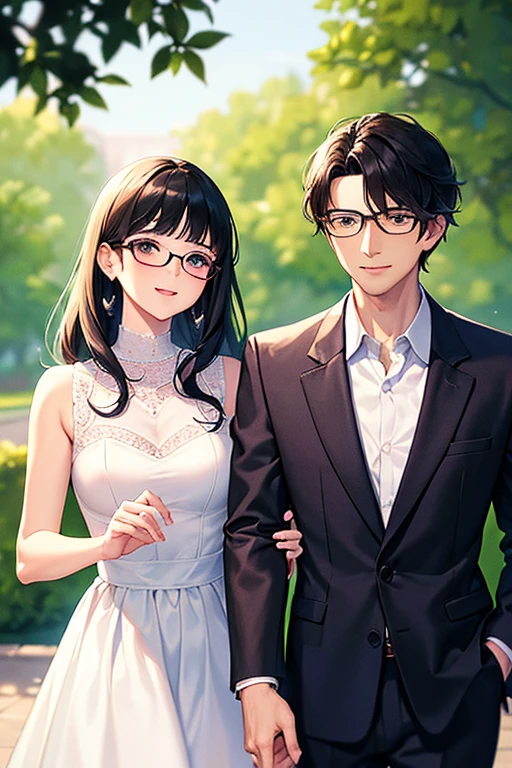 (masterpiece:1.2), high quality, high resolution, a 25-year-old man with his first girlfriend, black curly hair, wearing glasses, suit without a jacket, woman in a white dress, talking happily in a park, romantic atmosphere, soft lighting, gentle smiles, detailed, intricate, beautiful lighting, natural background, romantic style