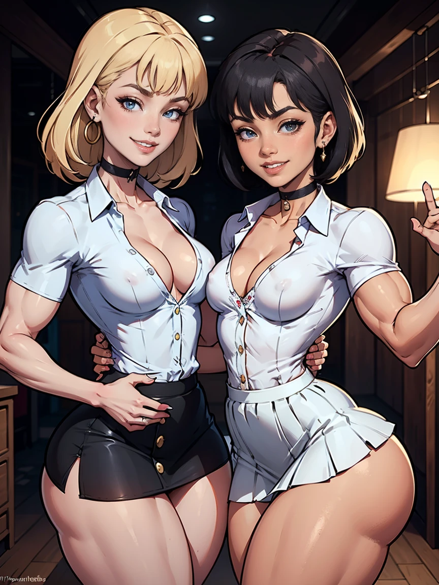 (Muscular:2), (thick thighs:2),
(two females touching and smiling for the camera:2), blunt bangs, (long hair), (), beauty mark,,
(glasses), earrings, eyeshadow, lipstick,
detailed eyes, (laughing:1.8),
(hard nipples), (small breasts:2),
choker, (choker, white button up, cleavage, flared skirt:1.8),
(upper body view), (looking at viewer), three quarter view,
office, rim lighting, two tone lighting, dimly lit