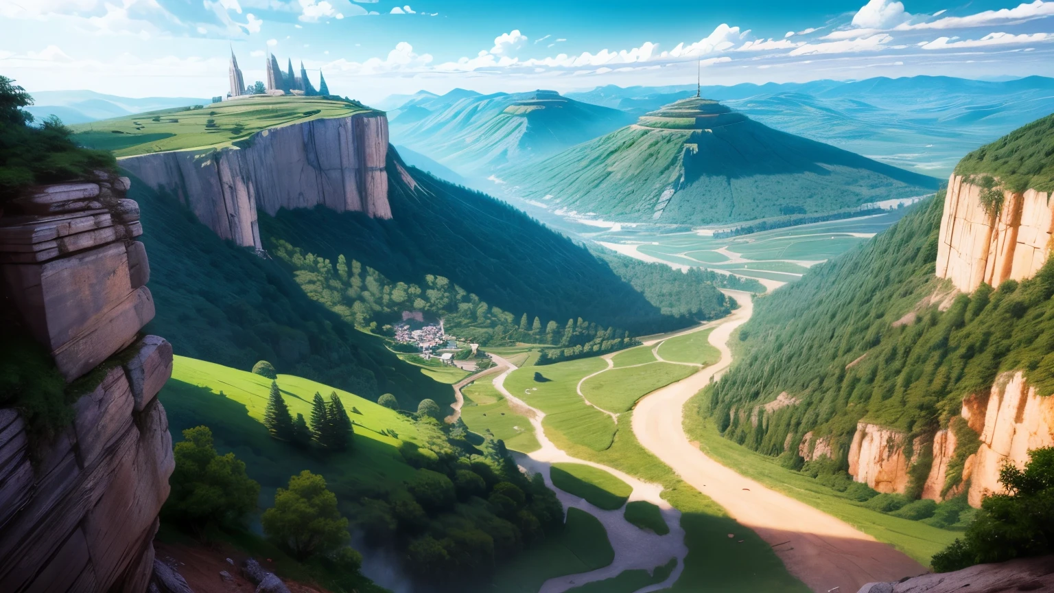Ancient buildings,Mountain,Hill Woods,Hill Stone Forest,There are hills,Thin river,farmland,Cartoon,Anime scene