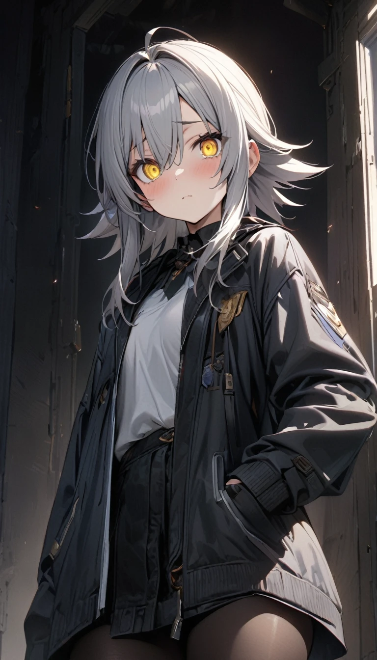 a handsome girl, 25 years old ,silver twintalis hair, yellow eyes, black tights, open coat, no expression, masterpiece, best quality, ultra detailed, detailed eyes, cute eyes