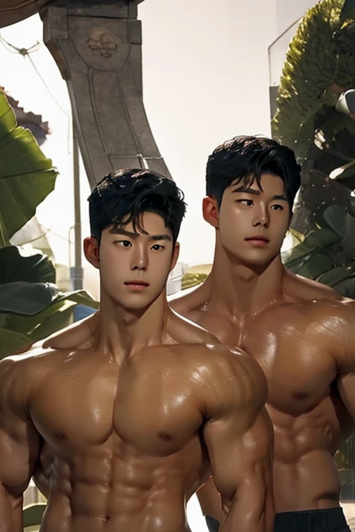 a group of young buffed stacked korean guys in detail