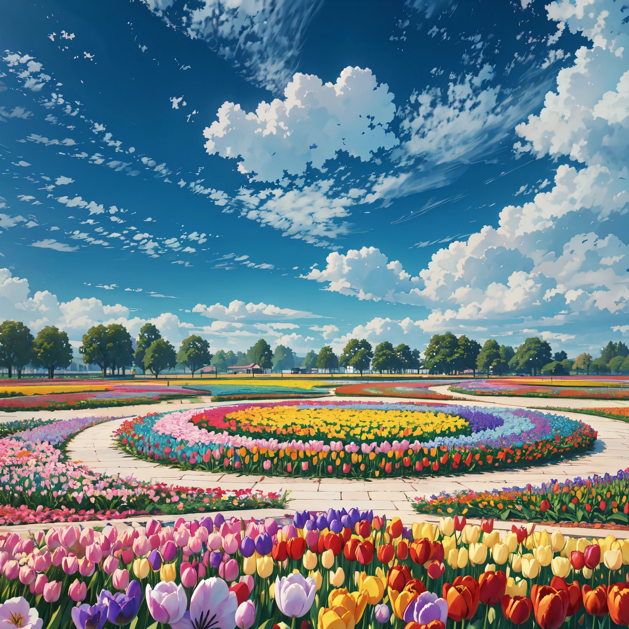 (Photorealistic)、 An elaborate botanical garden:1.5，highest quality, masterpiece l(1.4), (Vibrant and colorful flower fields,),Gentle white sidewalk,Endless flower fields,Sky blue sky,Clouds go,A wealth of colours and textures. (Colorful tulips,), This garden is a treat for the eyes. The AI platform renders this scene in a whimsical, dreamlike style.。, With soft brushstrokes and pastel colors.