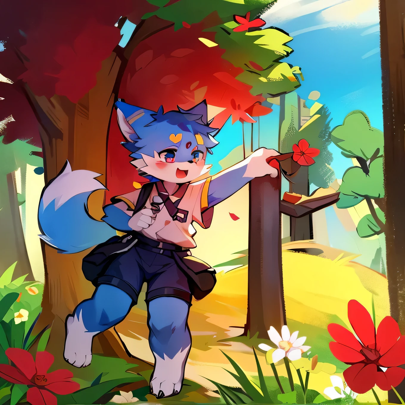 Blue fur, Canine, fox motif, boy, uniform,fly in the sky,Laughing,