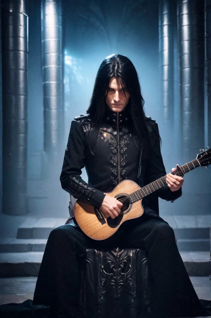 best quality, 8k, highly detailed face and skin texture, high resolution, black long hair man in black gothic jacket playing acoustic guitar in throne room at night, under the torch light, full body, sharp focus