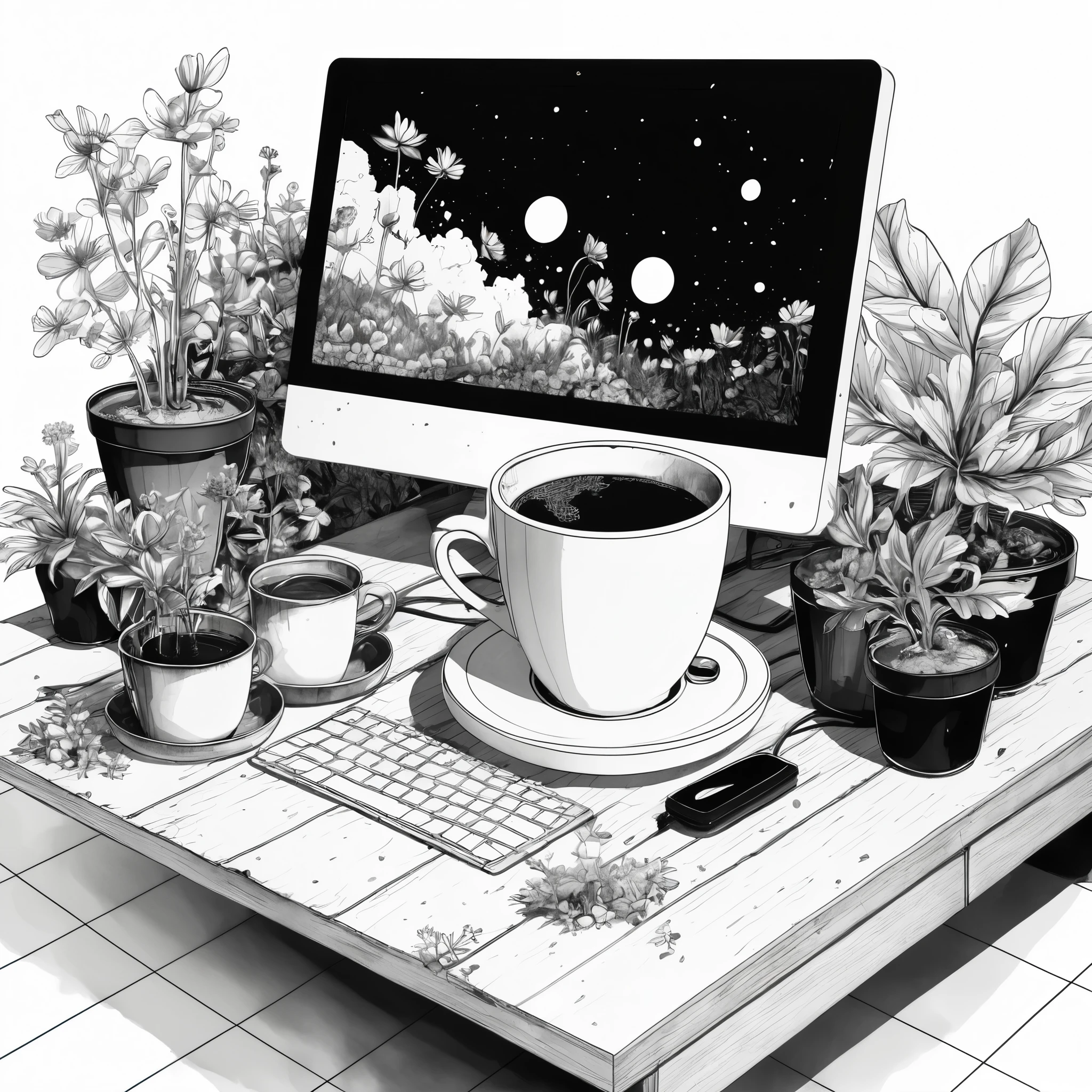 a cup of coffee display on computer screen, front view, isometric, cosmos, plants grow around old computer, black and white, ink,ink splash,line outline, watercolor