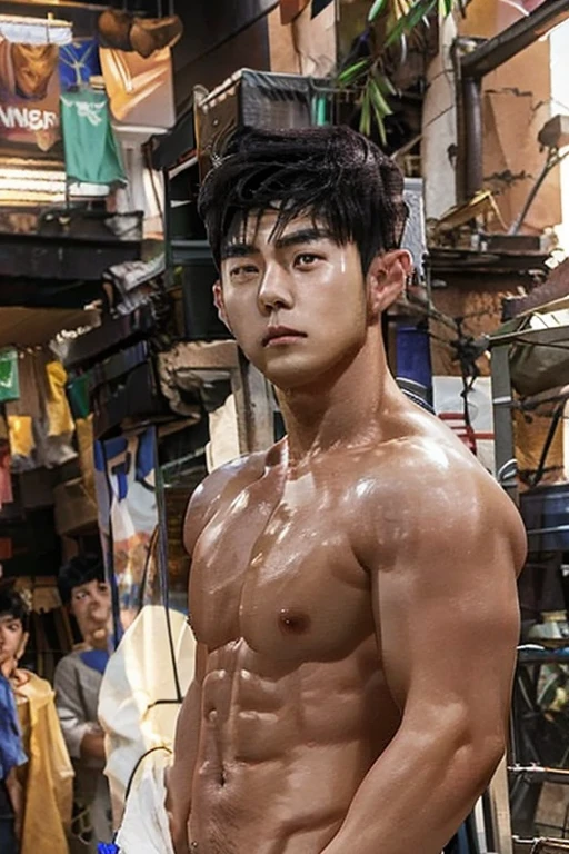 a group of young buffed stacked korean guys in detail