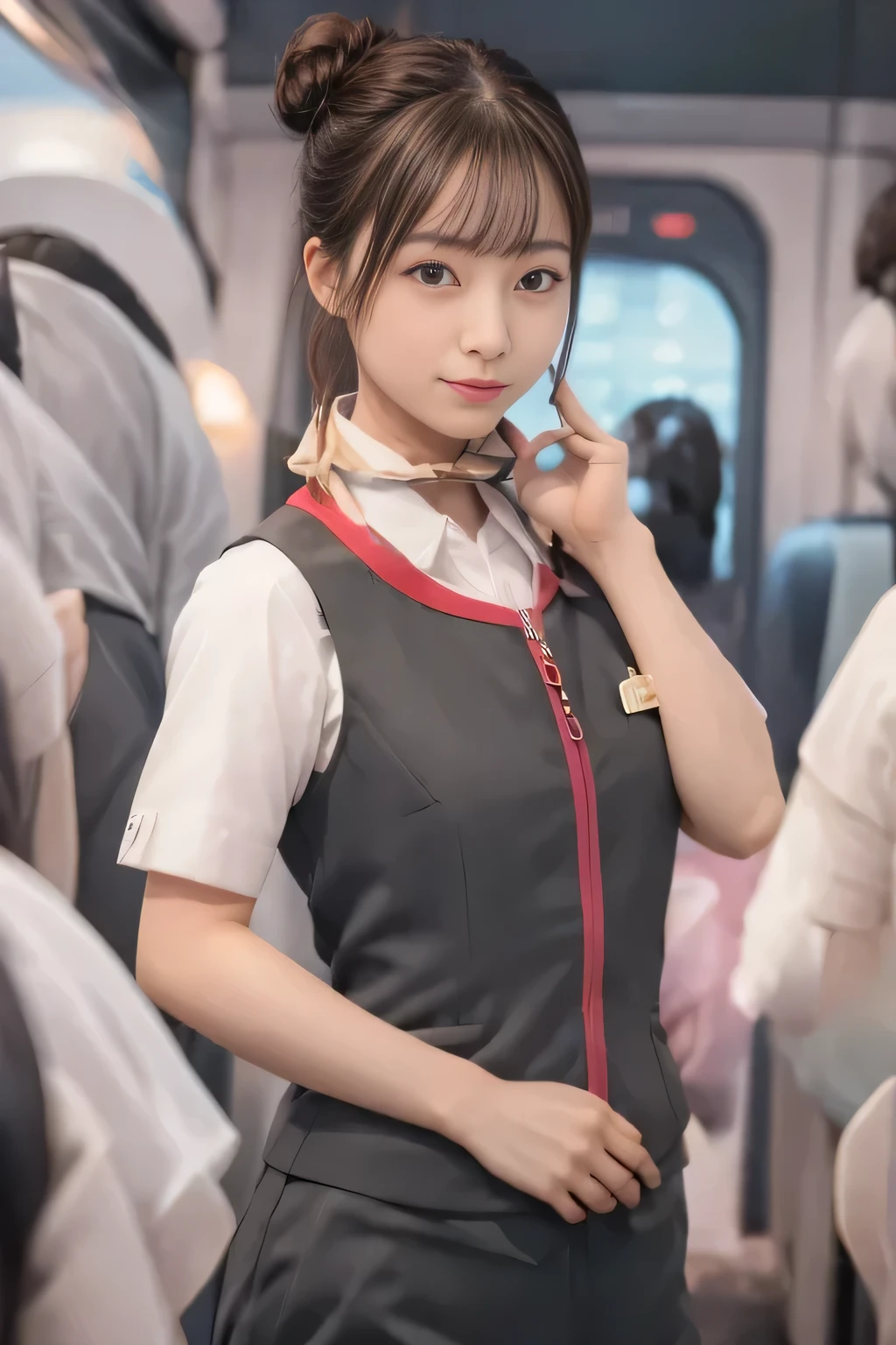 (masterpiece:1.2, highest quality:1.2), 32K HDR, High resolution, (alone、1 girl)、(Take the Shinkansen、Professional Lighting)、Background in the car、(Realistic style of JR Gran Class crew wearing uniform)、Short sleeve blouse、a scarf around the neck、(JR Gran Class flight attendant uniform with pink parts on the skirt sleeves)、(JR Gran Class flight attendant uniform with pink line on front zipper of vest)、Dark brown hair、(Hair tied up、Hair Bun、Hair Bun)、Dark brown hair、Long Shot、Big Breasts、((Great hands:2.0)),((Harmonious body proportions:1.5)),((Normal limbs:2.0)),((Normal finger:2.0)),((Delicate eyes:2.0)),((Normal eyes:2.0)))、Luxury Necklace、Captivating look、Beautiful standing posture,