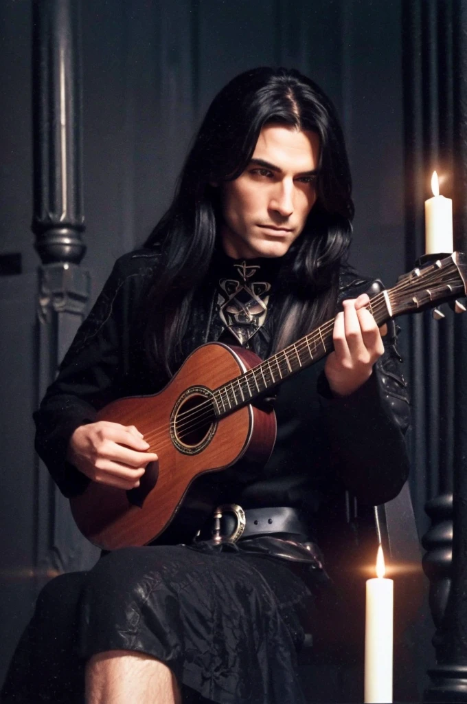 best quality, 8k, highly detailed face and skin texture, high resolution, black long hair man in black gothic jacket playing acoustic guitar in throne room, under the candle light, full body, sharp focus