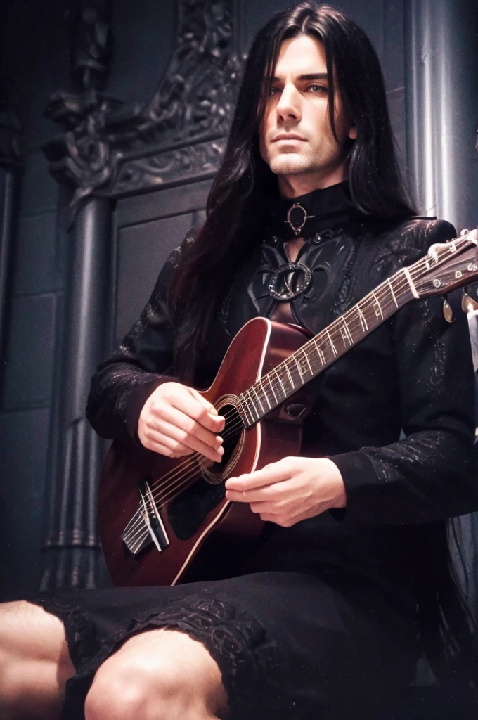 best quality, 8k, highly detailed face and skin texture, high resolution, black long hair man in black gothic jacket playing acoustic guitar in throne room, under the candle light, full body, sharp focus