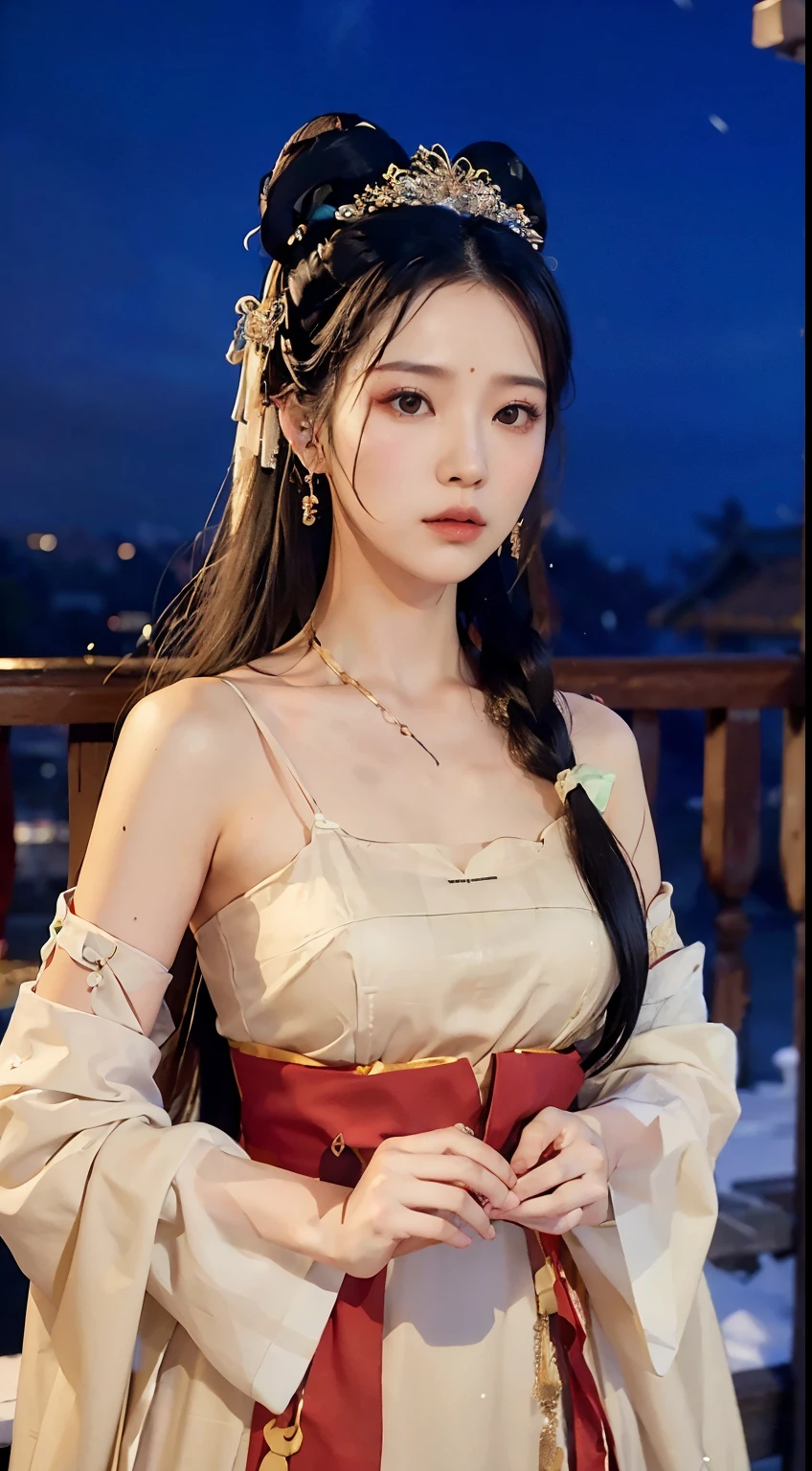 、(top quality,masterpiece:1.3,Ultra-high resolution,),(Super detailed,Caustic lines),(Reality:1.4,RAW Shooting,)Ultra-realistic capture,Very detailed,HD 16K，Suitable for human skin、 Natural skin texture、、Skin looks healthy and even-toned、 Use natural light and color,A woman,Kawaii,black hair,Medium Length Hair,(Depth of Field、Chromatic Aberration、、Wide lighting range、Natural shadows、)、(Nighttime outdoor lighting:1.4)、(Snow Scene:1.2)、(Hair blowing in the wind:1.1)(photoPractical, best quality, Ultra-high resolution, Extremely detailed eyes and face:1.3),(1 Girl, Solitary:1.3),On a wooden boat,Black Hair,Practical,long hair,Jewelry,Upper Body,White see-through Hanfu,Vague,earrings,Lips,Chinese clothes,Hair accessories,black eyes,Vague background,looking off to the side,Shut up,